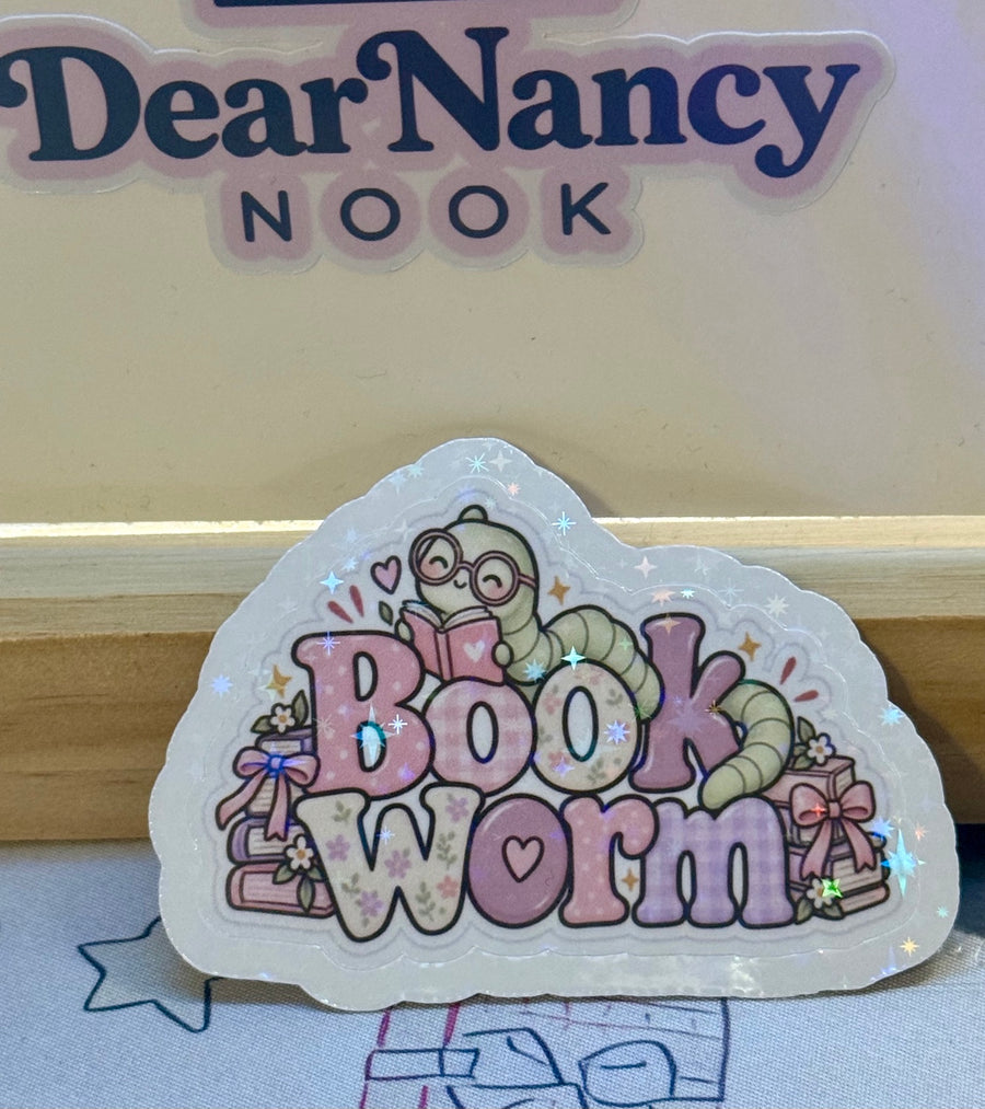 Pastel Book Worm holographic sticker