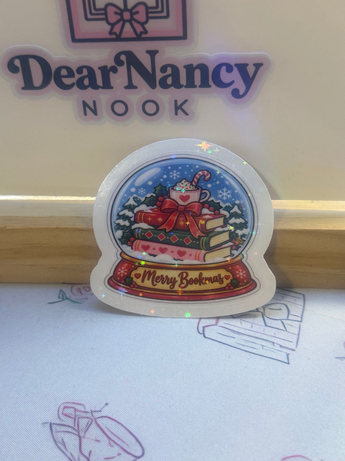 Merry Bookmas Snow Globe waterproof star holographic die-cut sticker