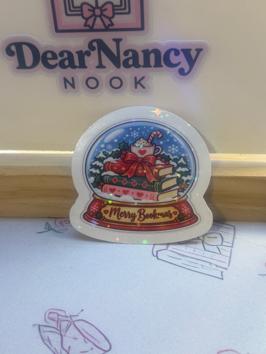 Merry Bookmas Snow Globe waterproof star holographic die-cut sticker
