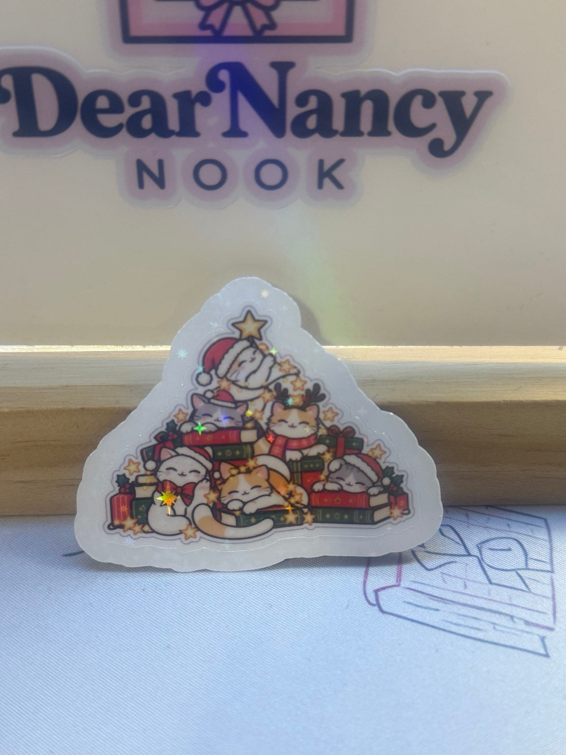 Cozy Christmas Reading Cats waterproof star holographic die-cut sticker