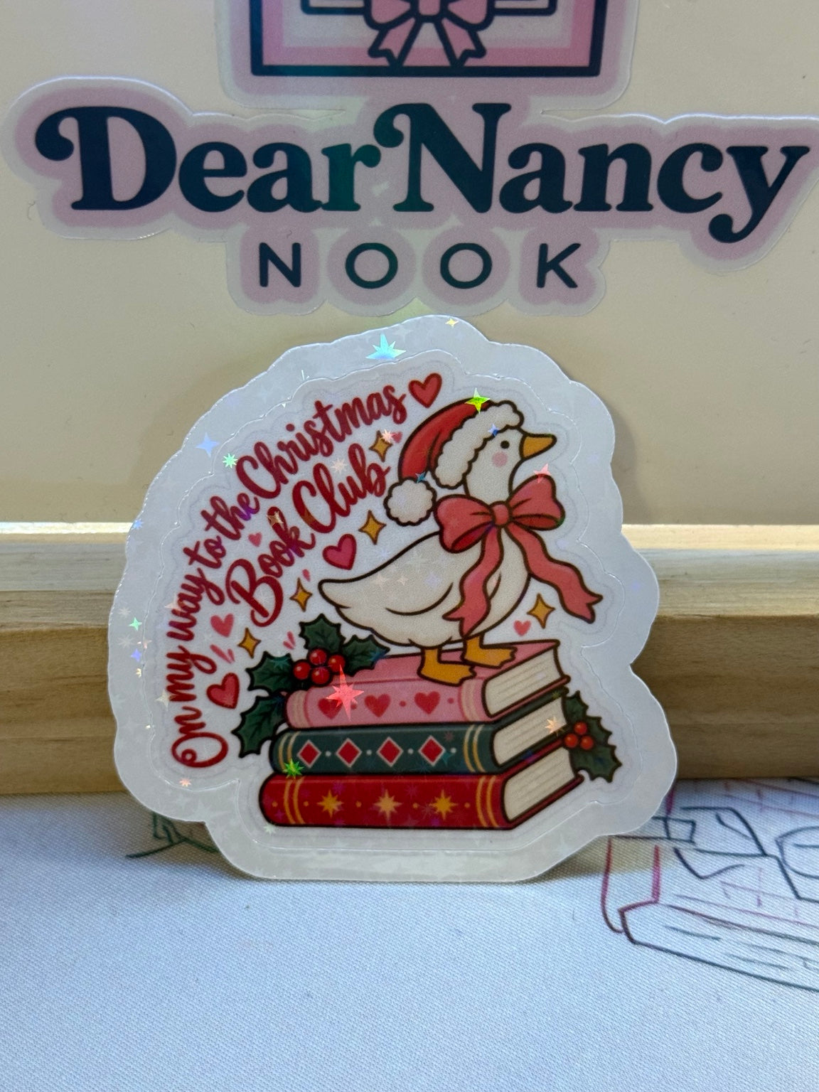 On My Way to the Christmas Book Club Goose waterproof star holographic die-cut sticker