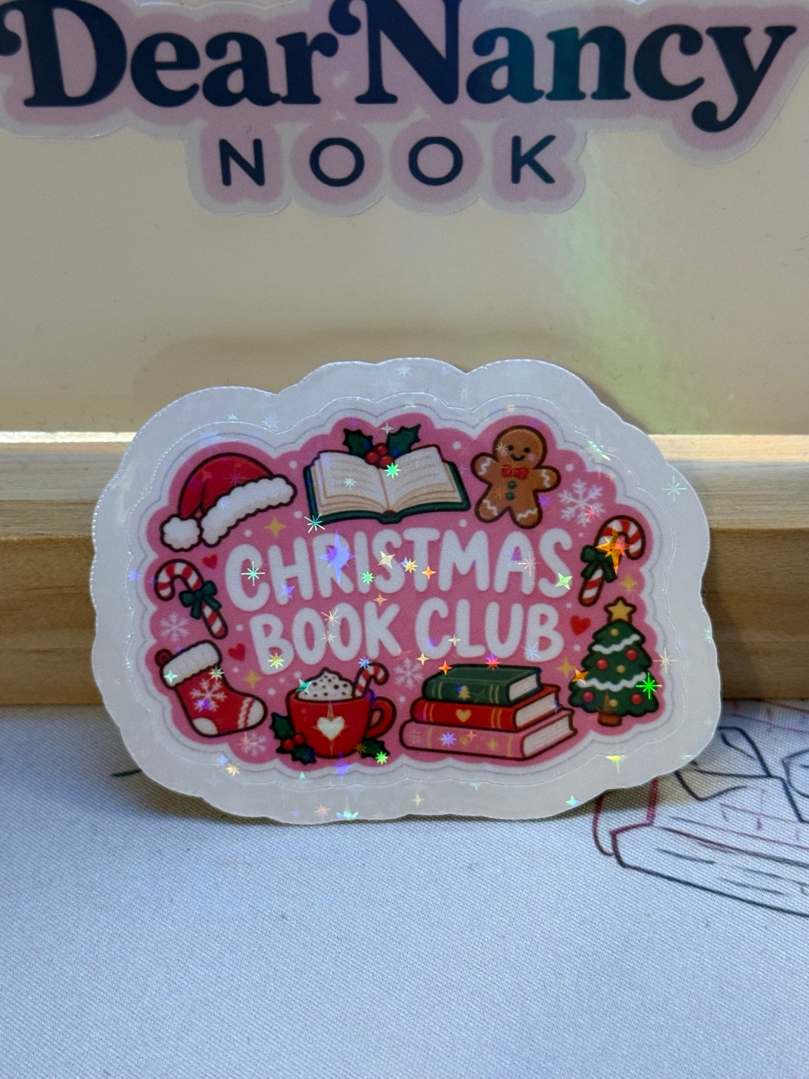 Christmas Book Club Pink Holiday waterproof star holographic die-cut sticker