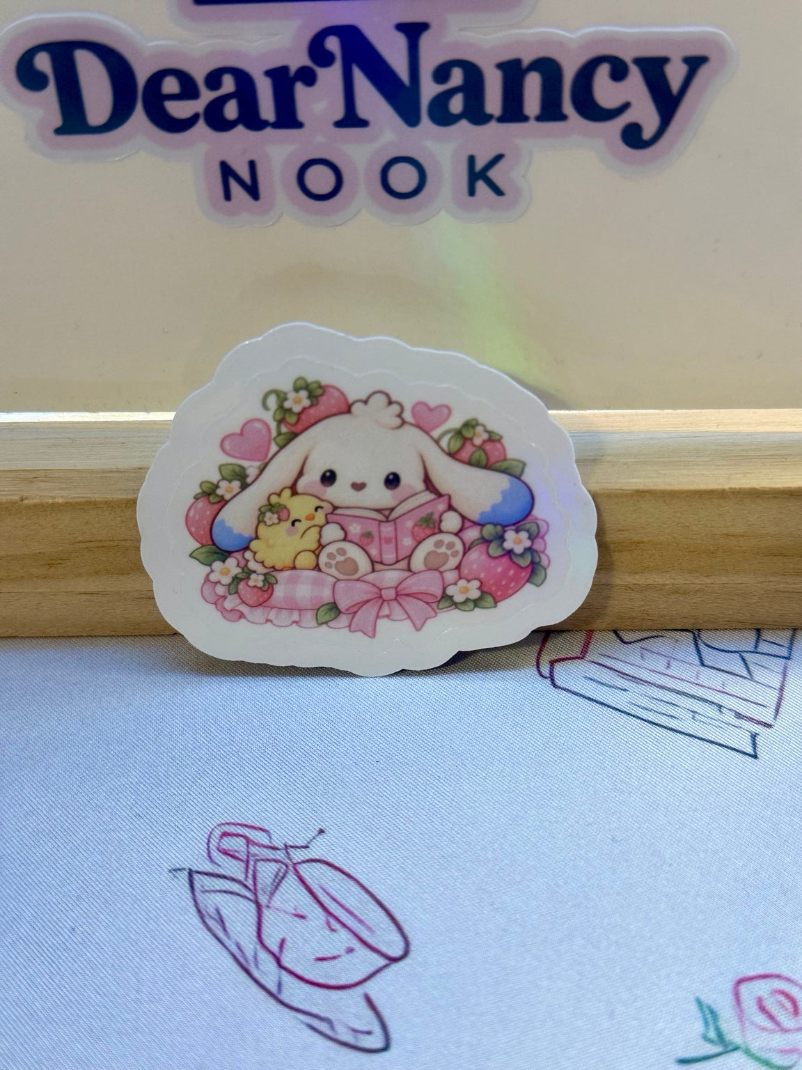 Mallow and Pip Strawberry Reading 2.5 inch holographic waterproof sticker