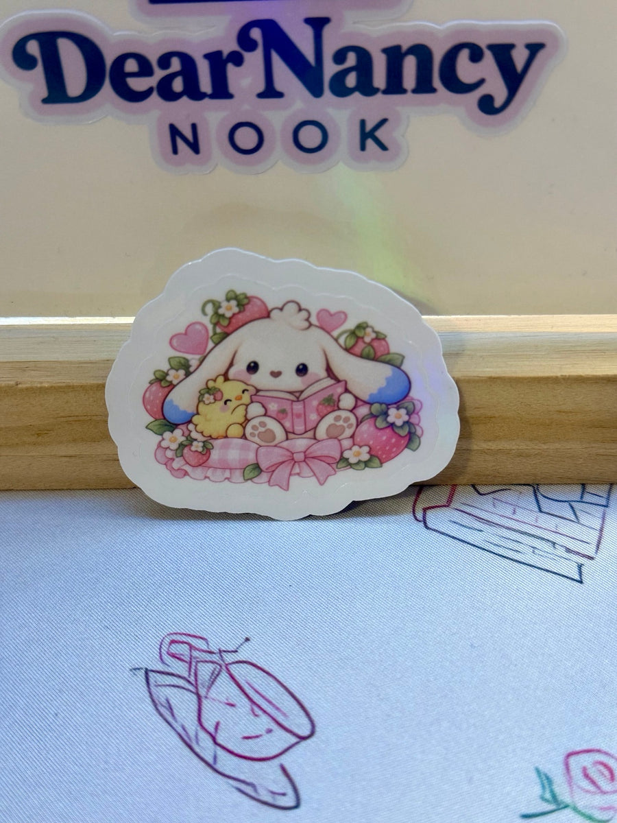 Mallow and Pip Strawberry Reading 2.5 inch holographic waterproof sticker