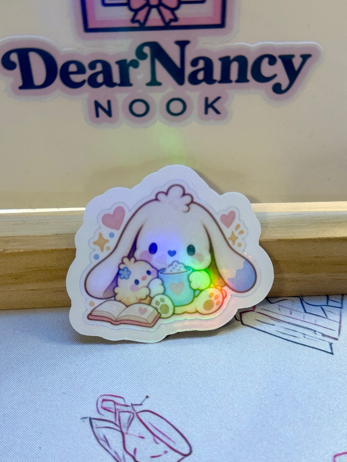 Mallow and Pip Cozy Reading 2.5 inch holographic waterproof sticker