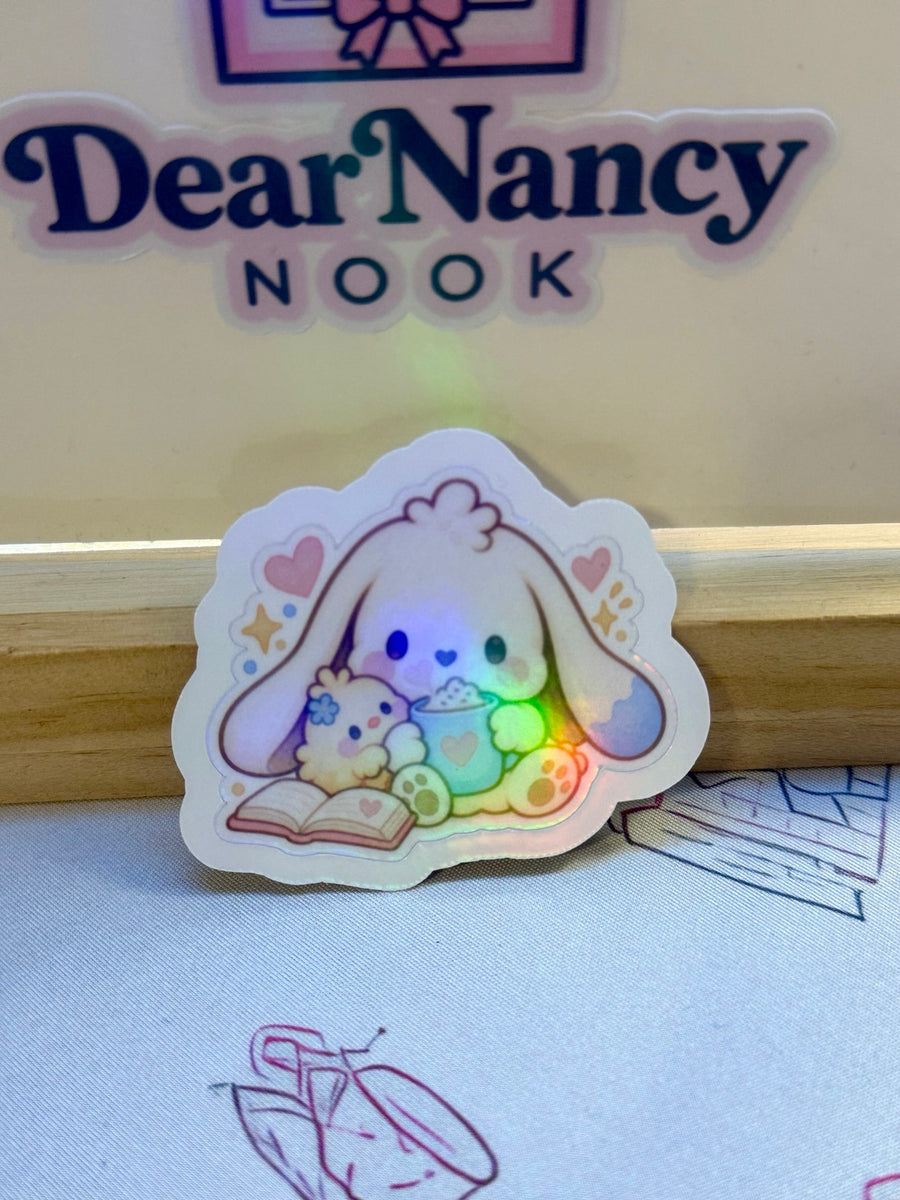 Mallow and Pip Cozy Reading 2.5 inch holographic waterproof sticker