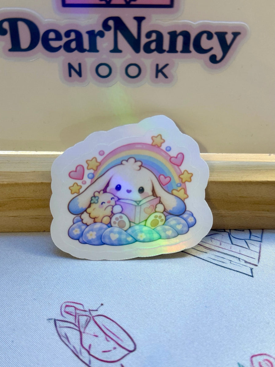 Mallow and Pip Rainbow Reading 2.5 inch holographic waterproof sticker