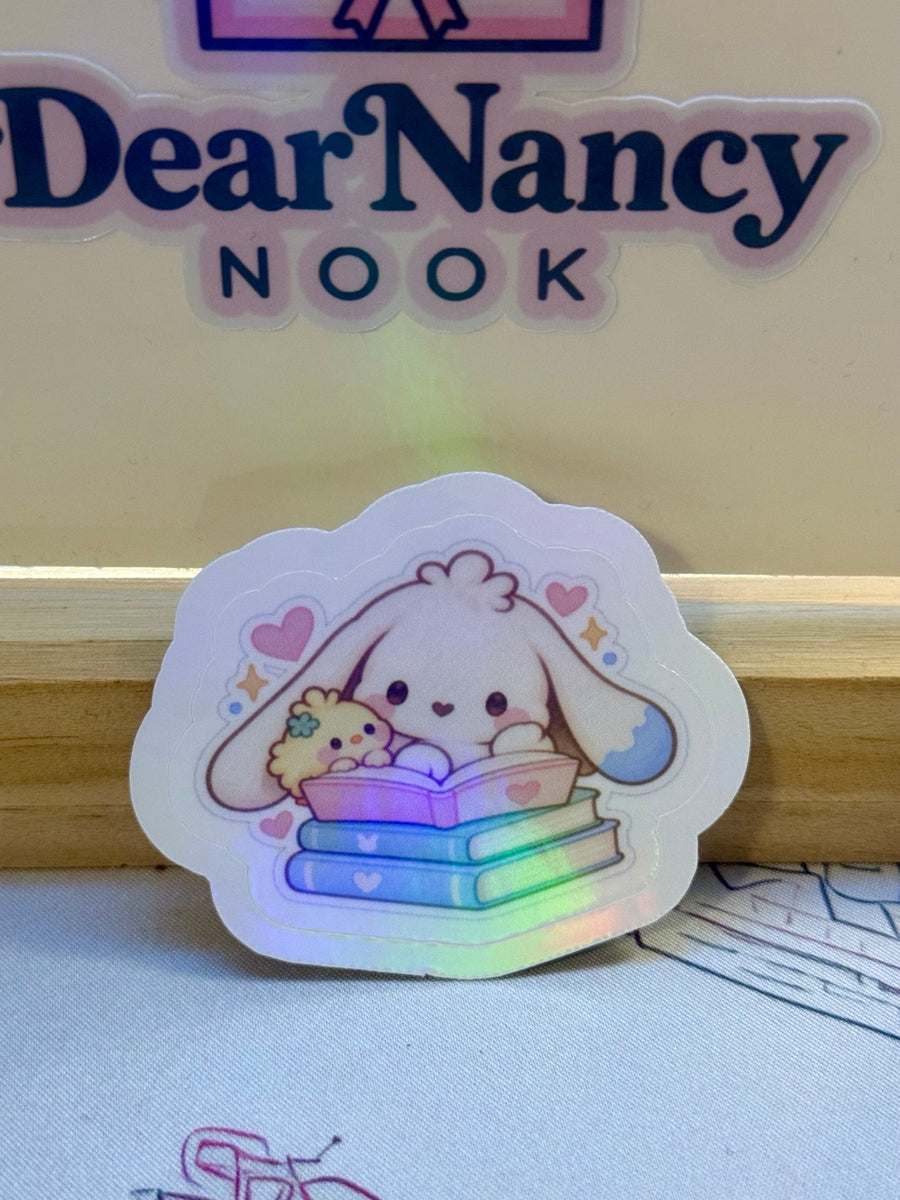 Mallow and Pip Book Stack 2.5 inch holographic waterproof sticker