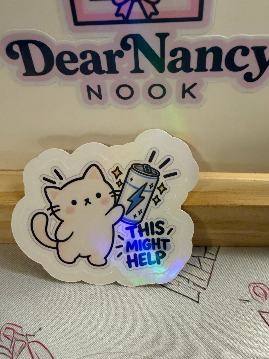 This Might Help Energy Drink Cat star holographic sticker