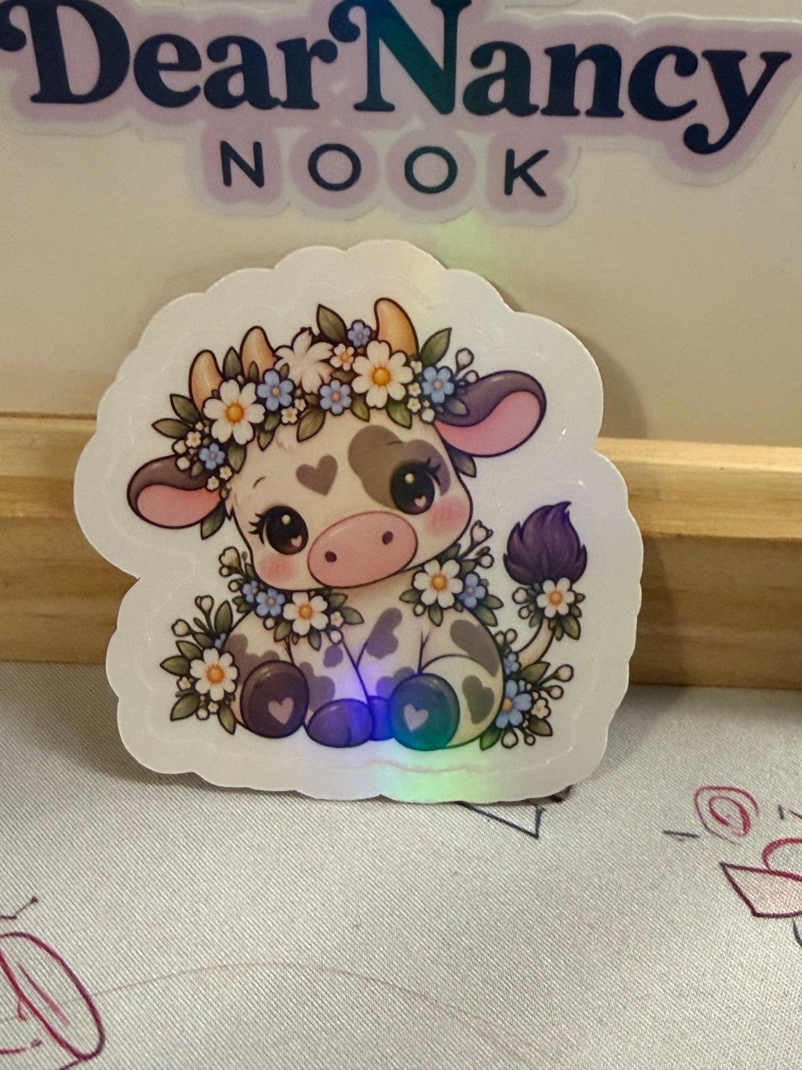 Floral Baby Cow star holographic sticker