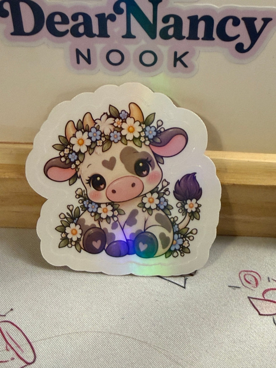 Floral Baby Cow star holographic sticker