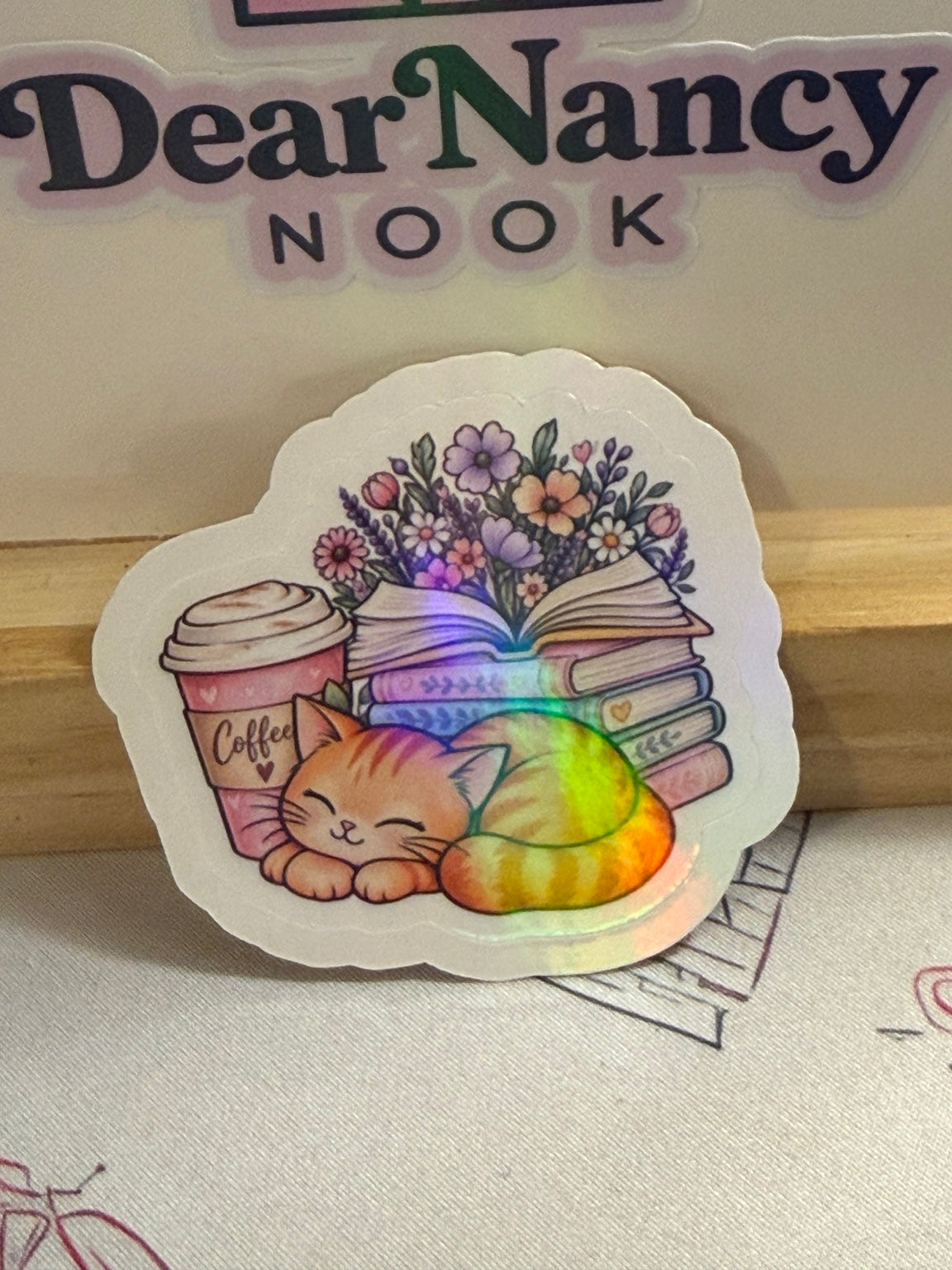 Cozy Cat Books Coffee and Flowers star holographic sticker