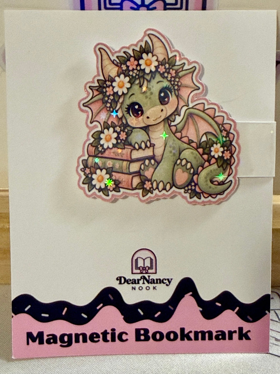 Floral Reading Dragon magnetic bookmark