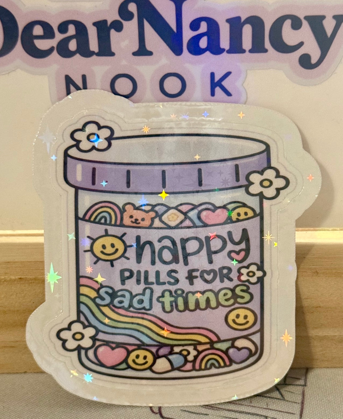 Happy Pills for Sad Times star holographic sticker