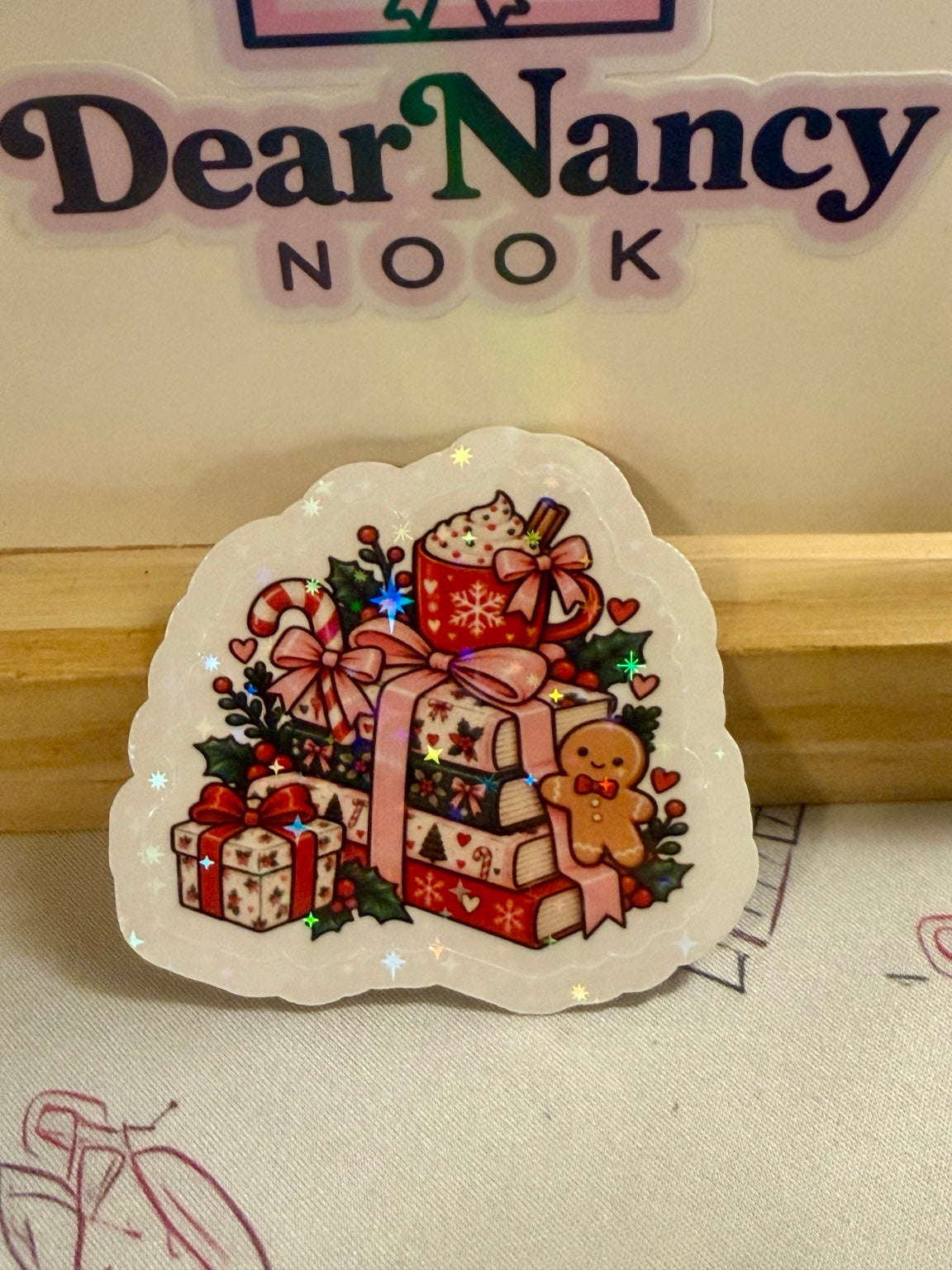 Christmas Books & Cocoa Gift Stack Sticker holographic sticker