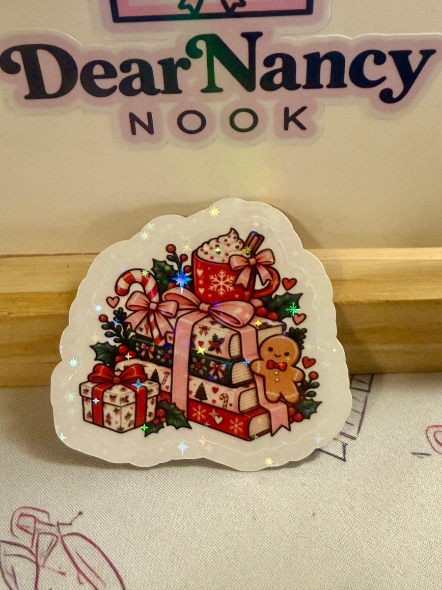 Christmas Books & Cocoa Gift Stack Sticker holographic sticker