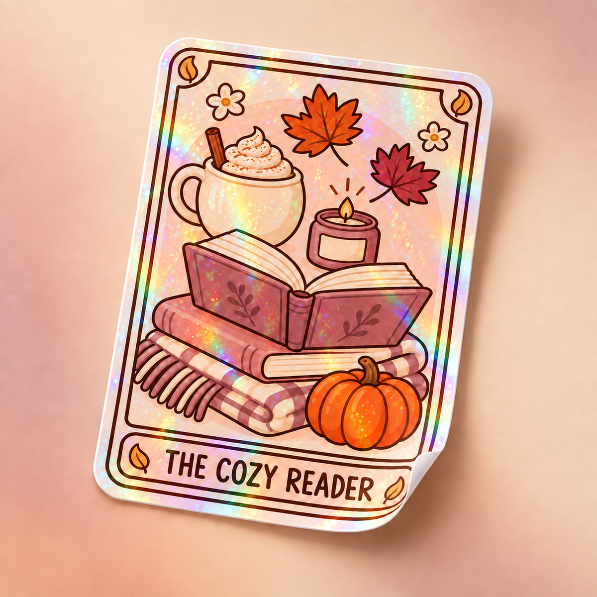 The Cozy Reader holographic sticker mockup