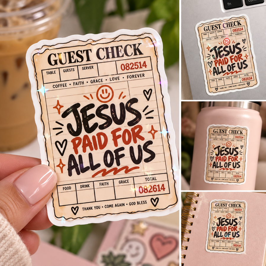 Jesus Paid for All of Us holographic sticker mockup