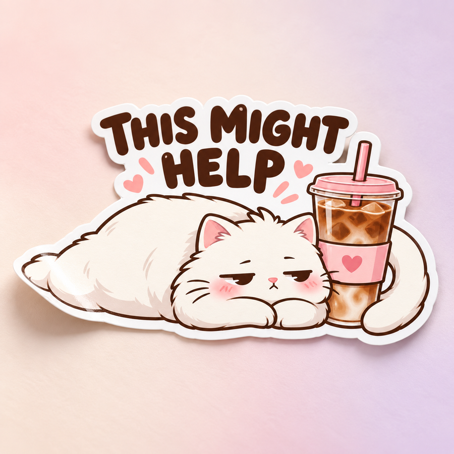 This Might Help glossy sticker mockup