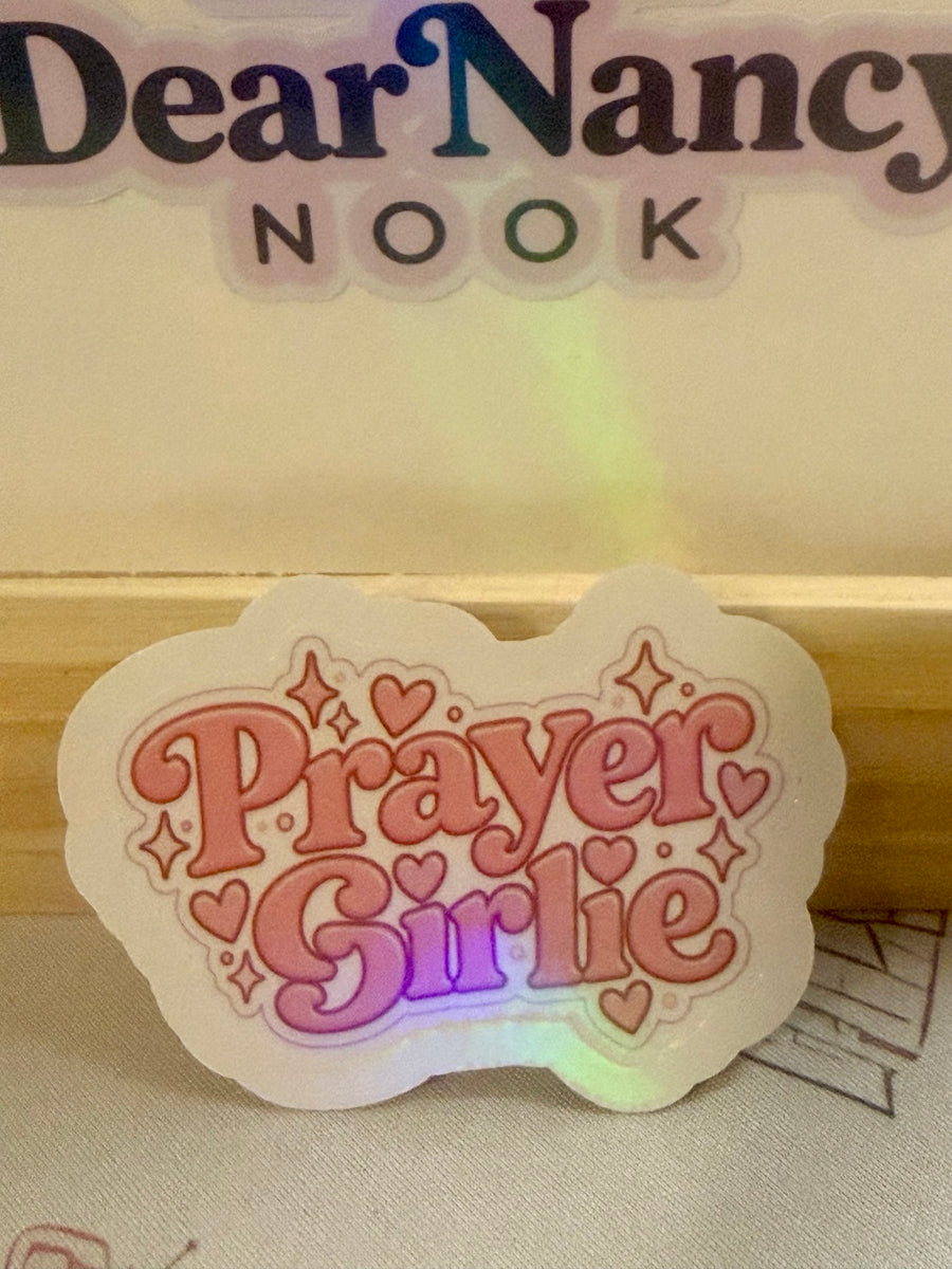 Prayer Girlie pink holographic waterproof die cut sticker